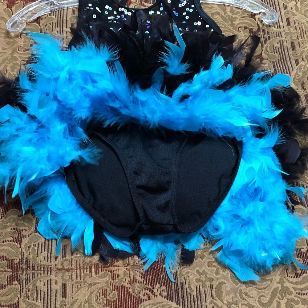 Weissman Size SC (Small) Girls Leotard Black/Teal Feathered Sequin Dance Costume